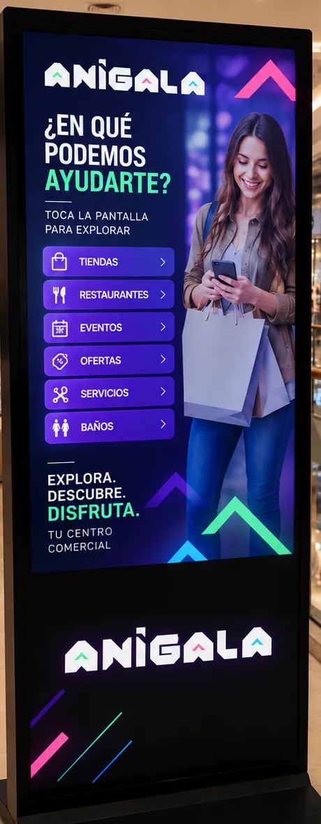 Close view of an Anigala totem screen running a wayfinding interface with category buttons.