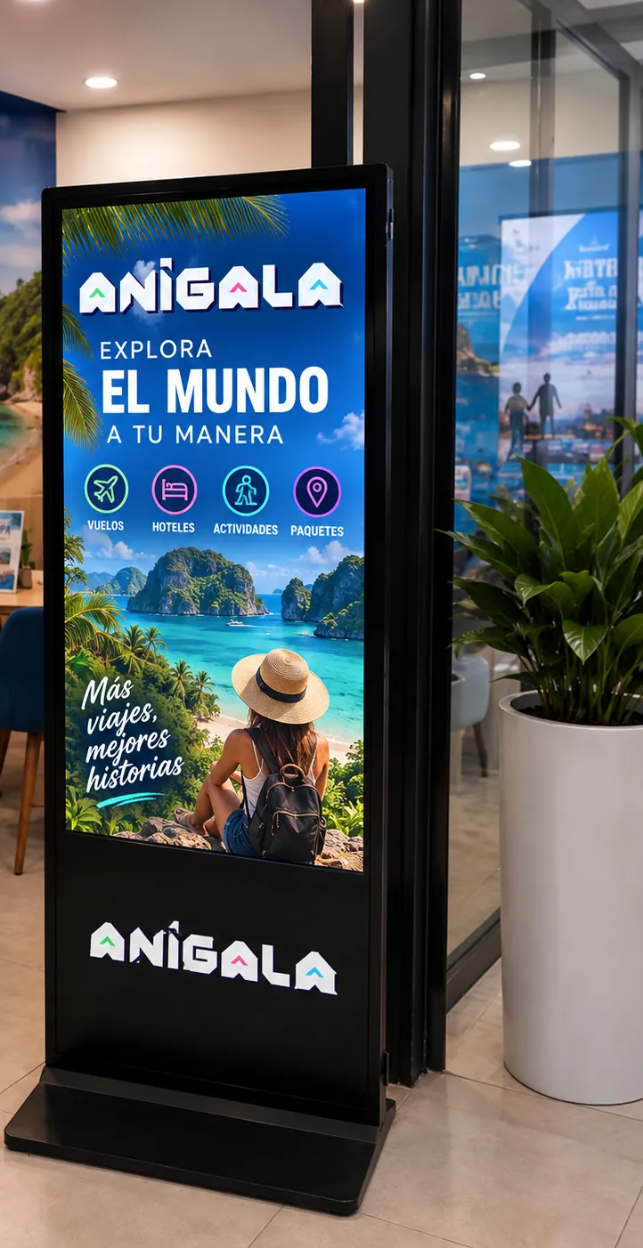 A black Anigala totem running a travel-themed interface inside a retail interior.