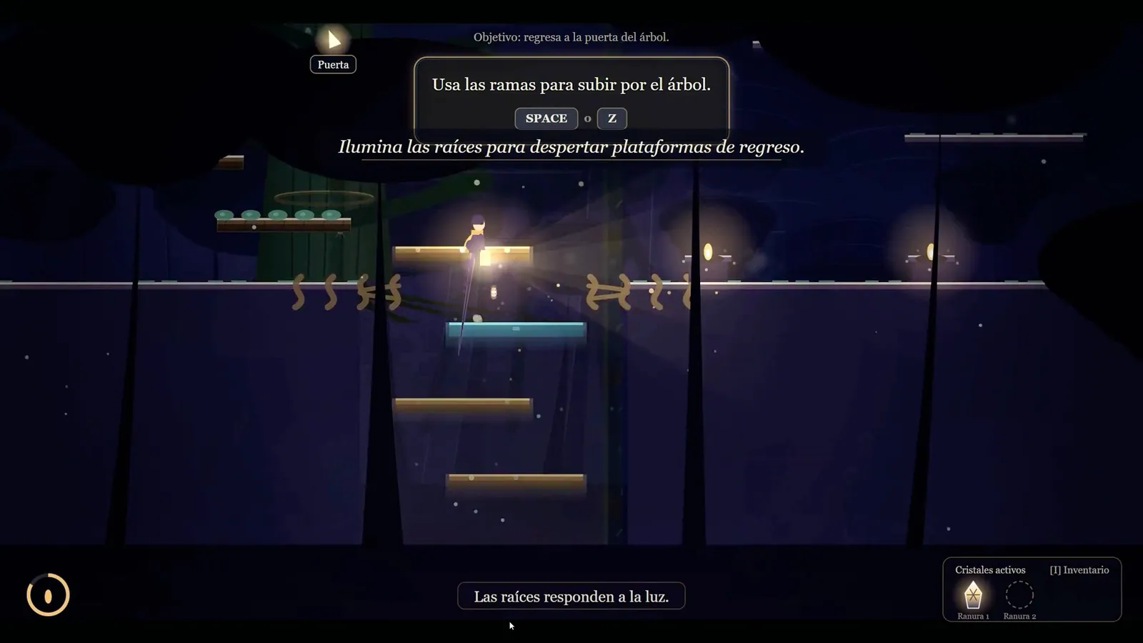 Gameplay still from Pandora's Lantern: a lantern-lit climb through a forest canopy.