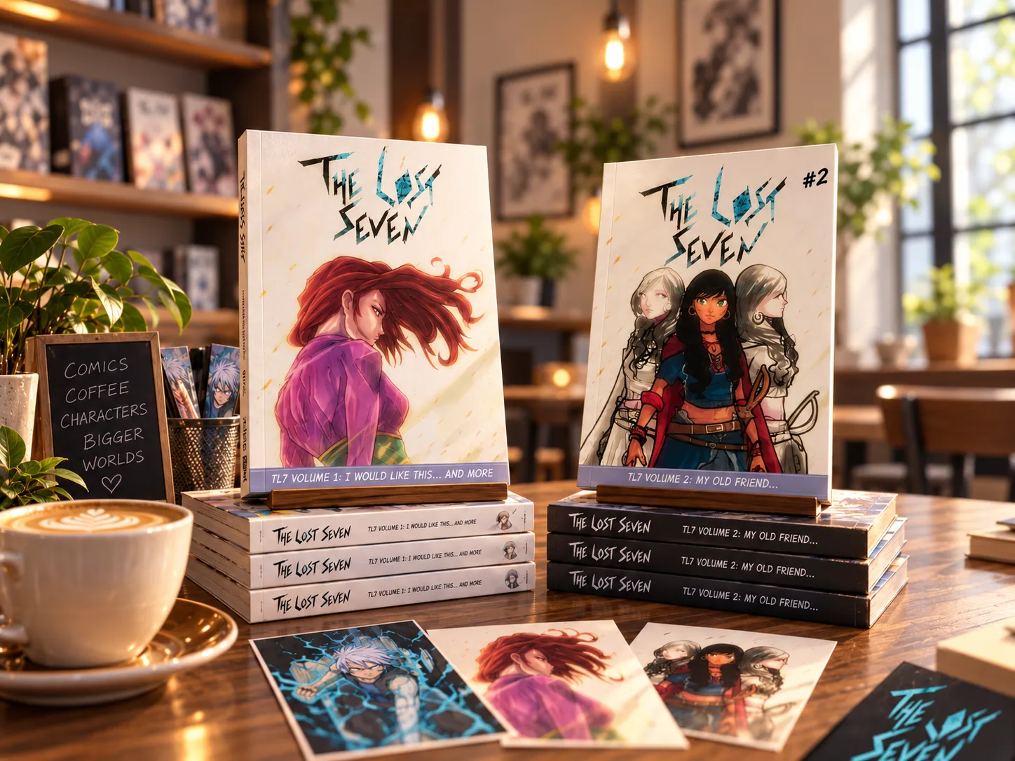 Promotional image of The Lost Seven volumes and art prints arranged on a table.