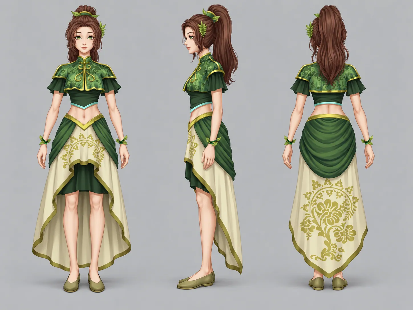Character development sheet for Dasa showing front, side and rear views of the costume.