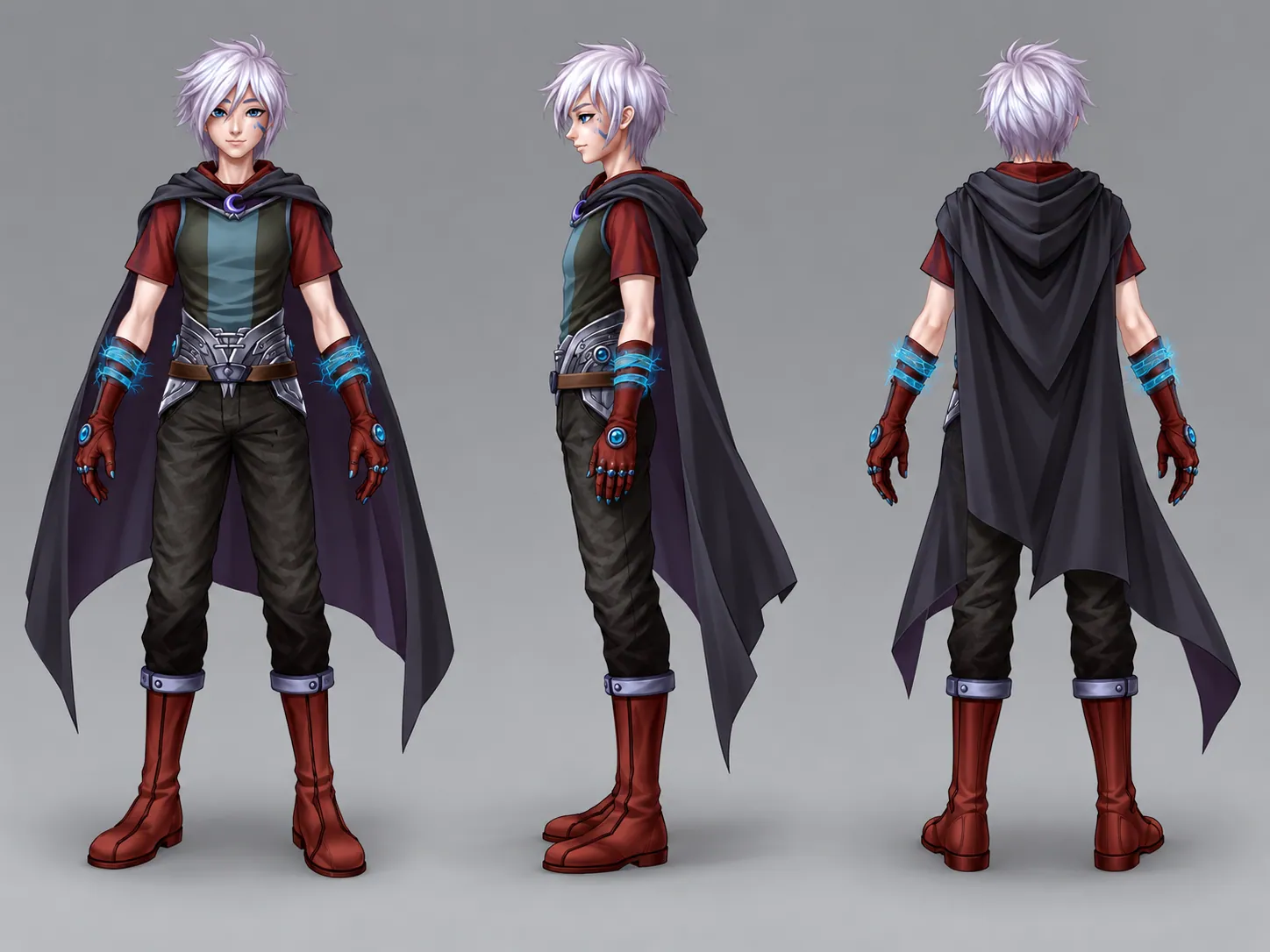 Character development sheet for Kazul showing front, side and rear views of the costume.