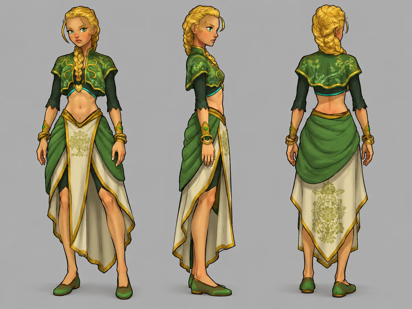 Character development sheet for Kuruna showing front, side and rear views of the costume.
