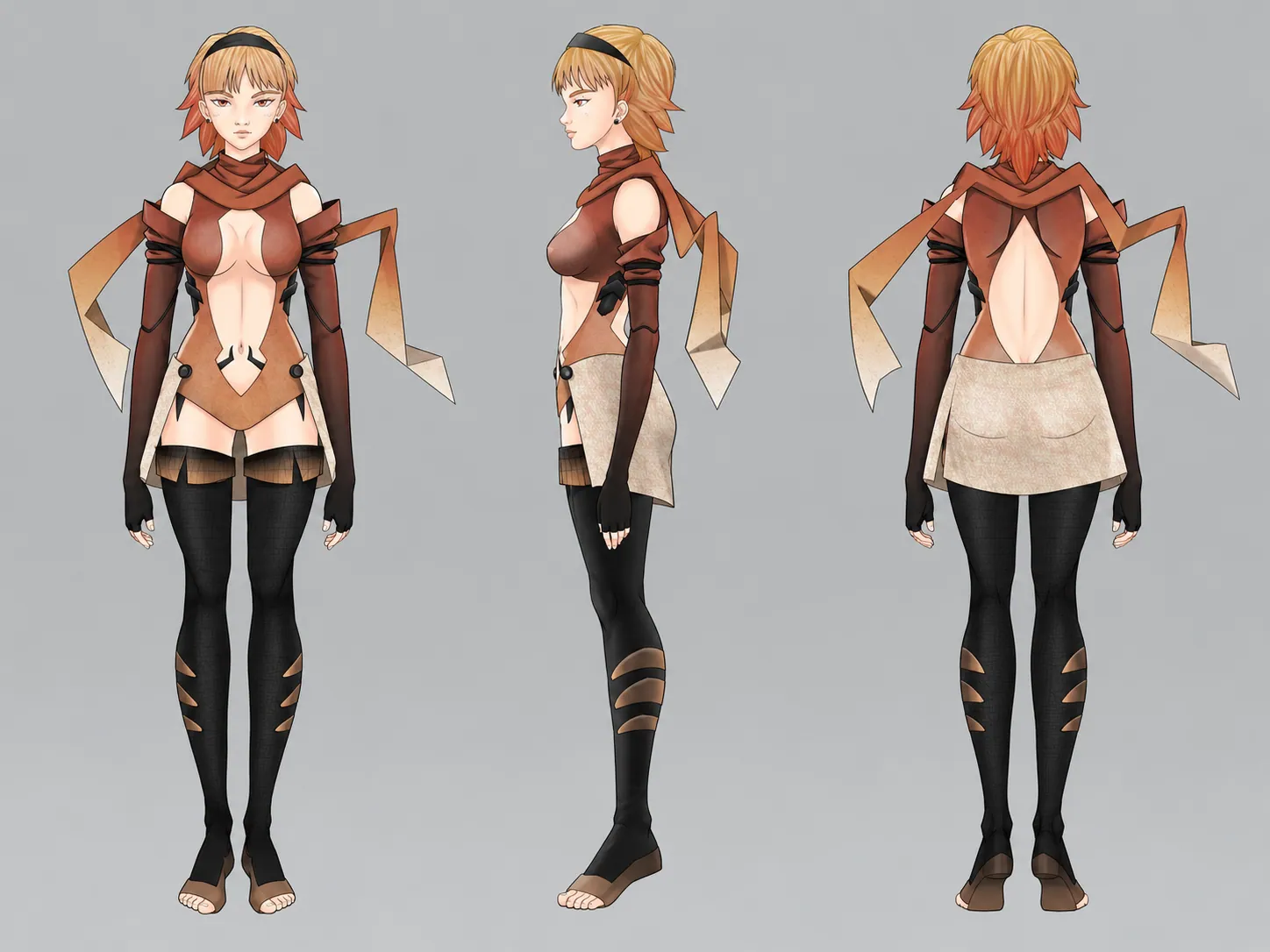 Character development sheet for Magmir showing front, side and rear views of the costume.