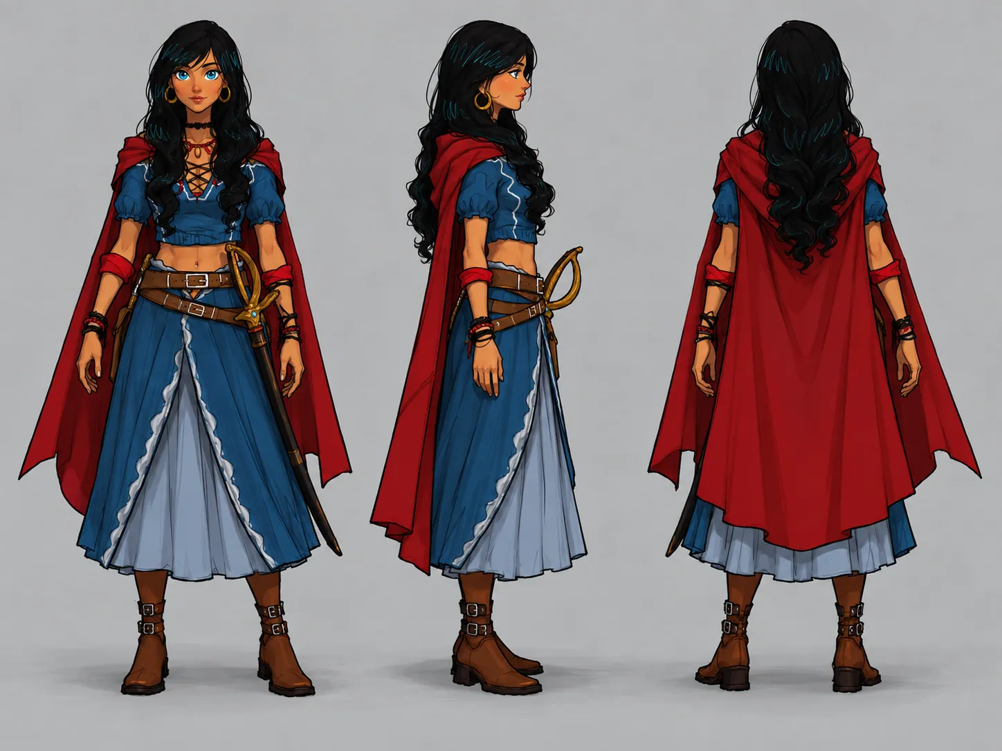 Character development sheet for Misty showing front, side and rear views of the costume.