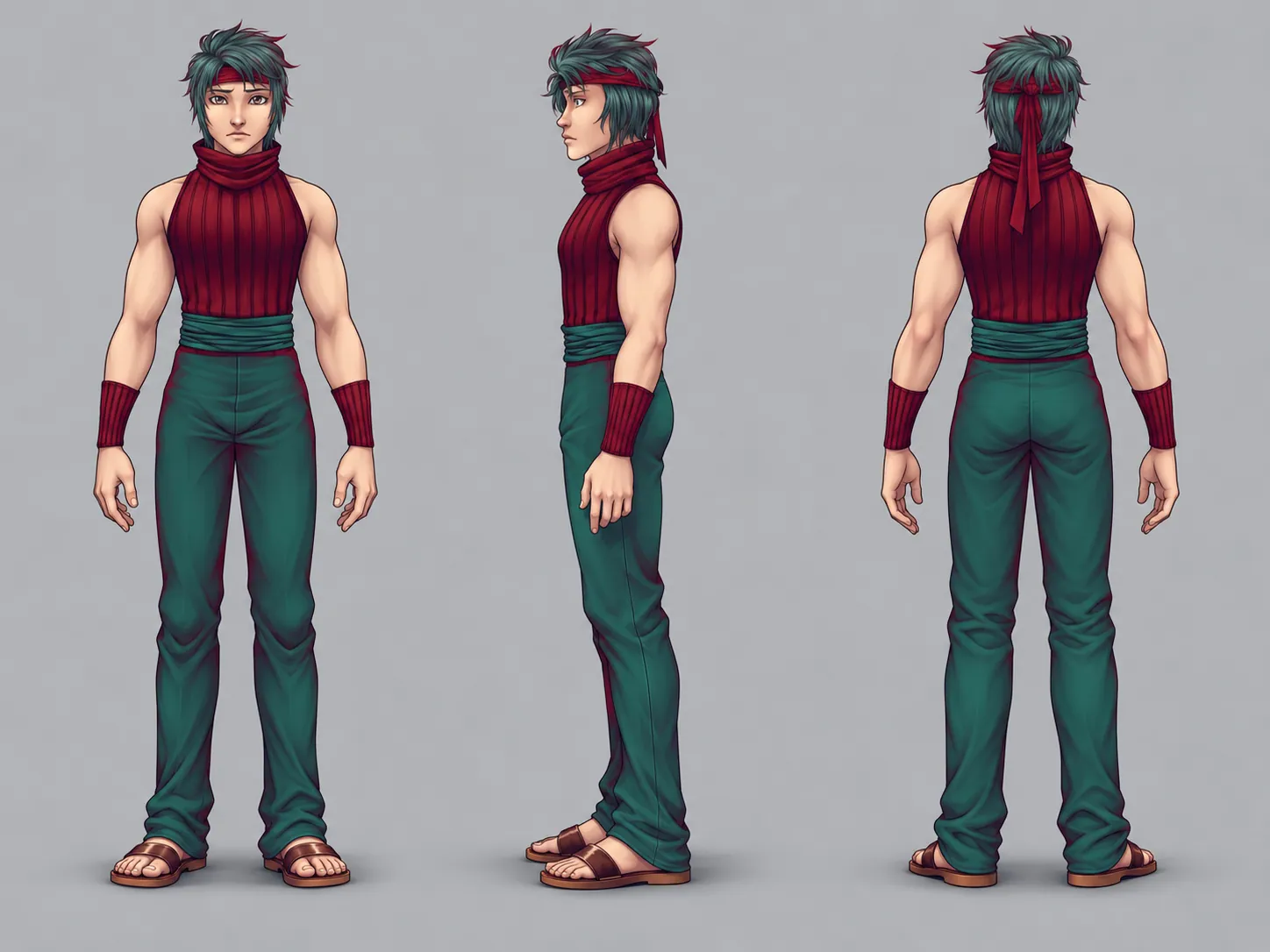 Character development sheet for Moul showing front, side and rear views of the costume.