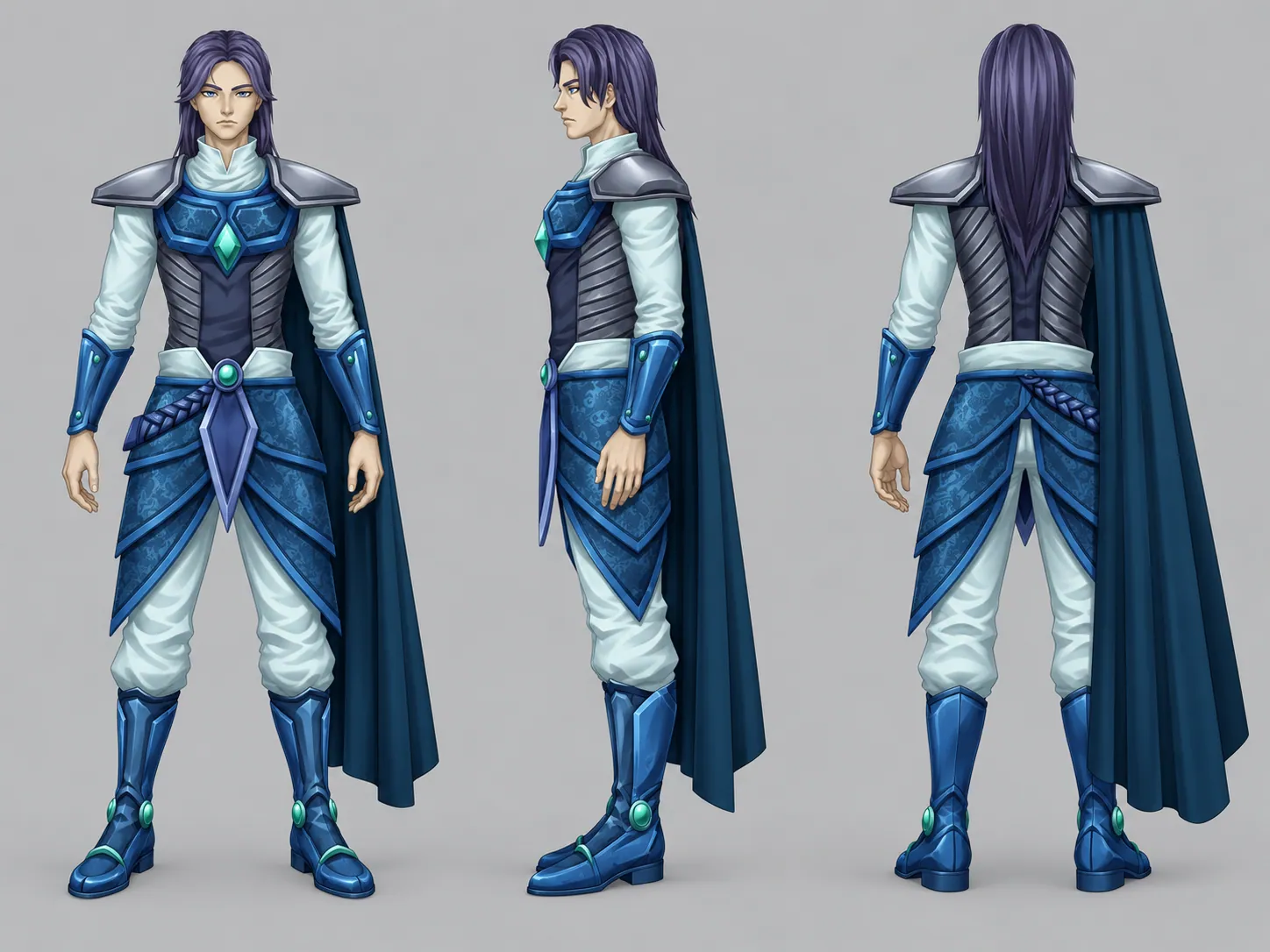 Character development sheet for Soth showing front, side and rear views of the costume.