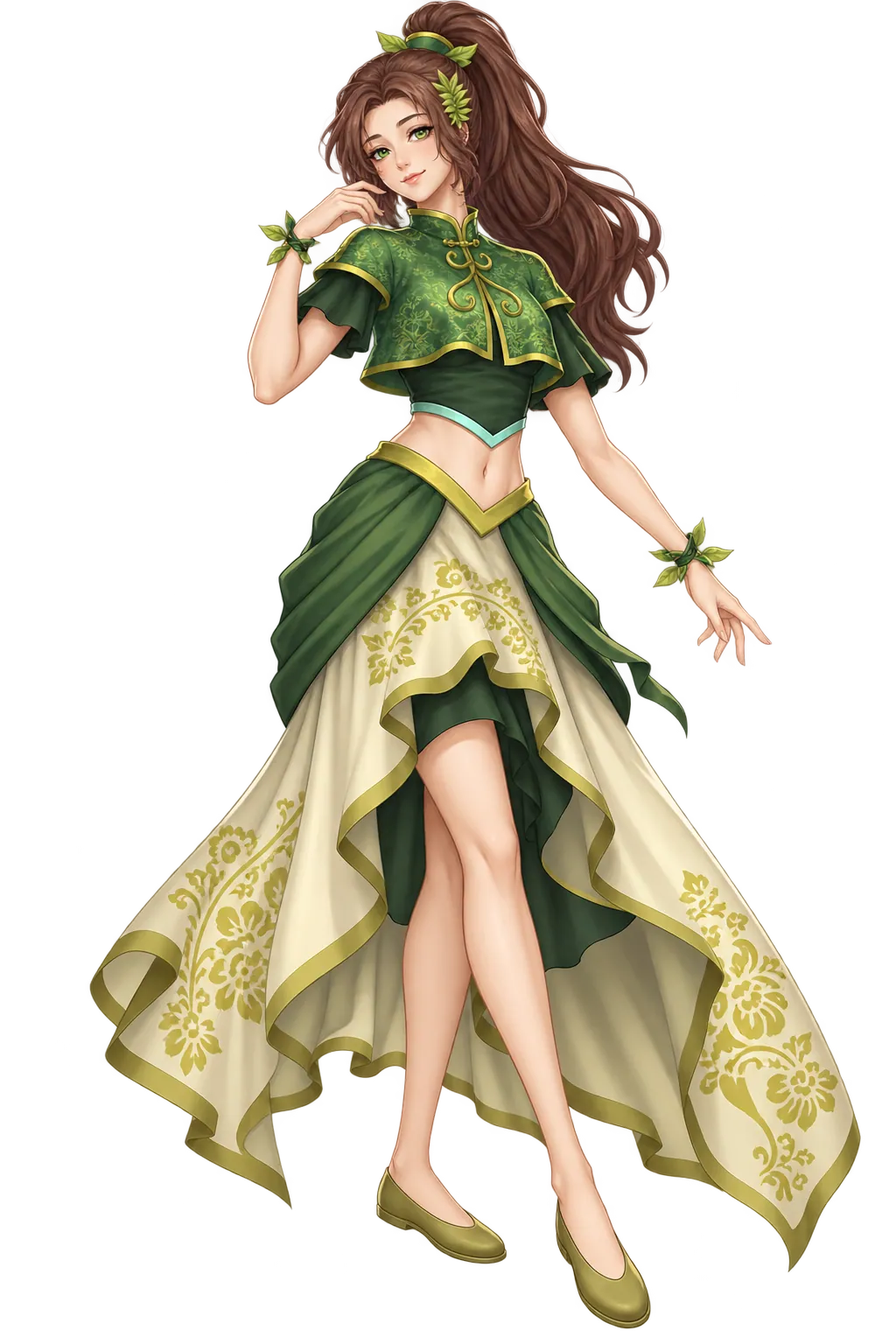 Full-body character art of Dasa: brown hair tied back with a leaf ornament, a green patterned capelet and a green and cream layered skirt.