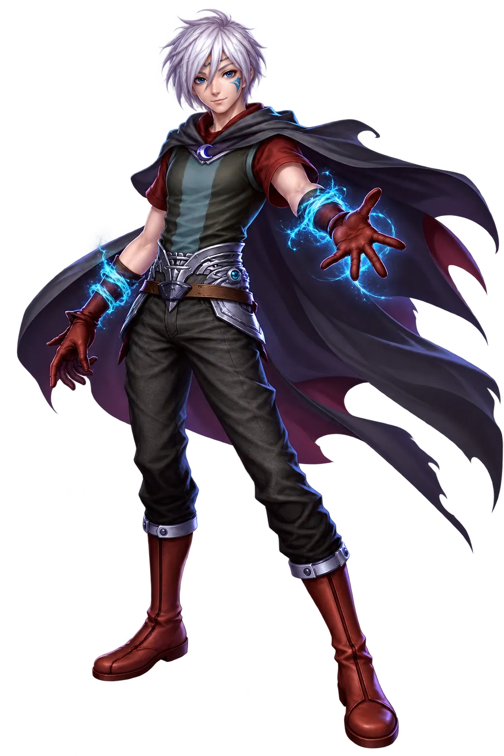 Full-body character art of Kazul: pale hair, a hooded cape with a crescent clasp, layered tunic, red gloves and boots.