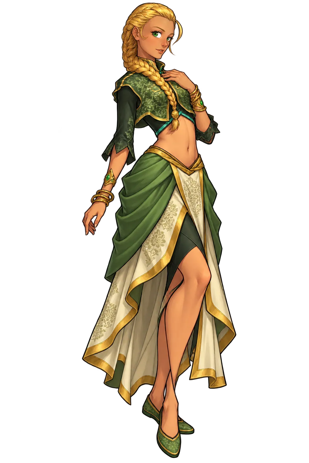 Full-body character art of Kuruna: a long braid, a green brocade jacket, gold bangles and a green and white wrapped skirt.