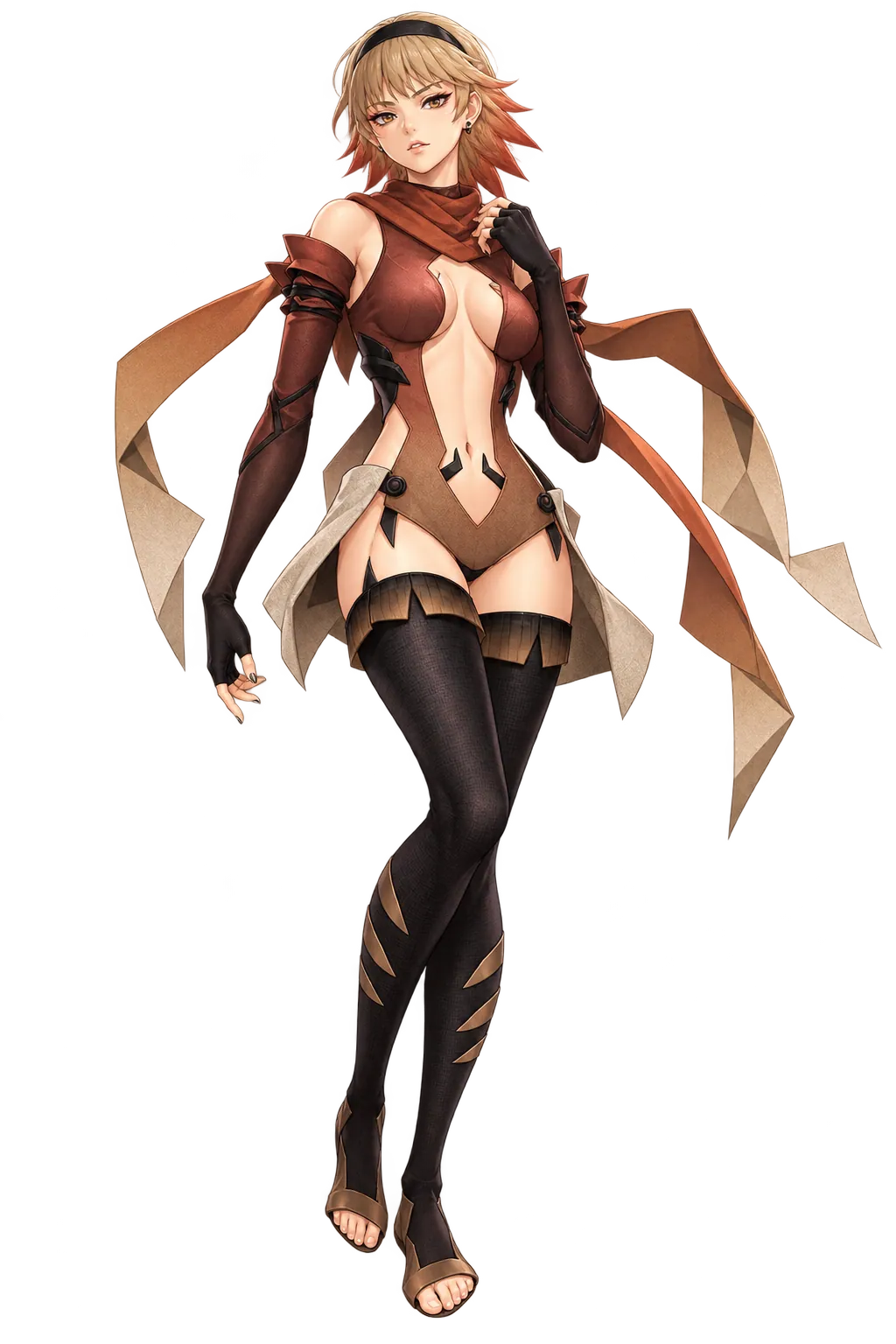 Full-body character art of Magmir: a short bob with a headband, a rust-coloured bodysuit with long dark sleeves, dark leggings and sandals.