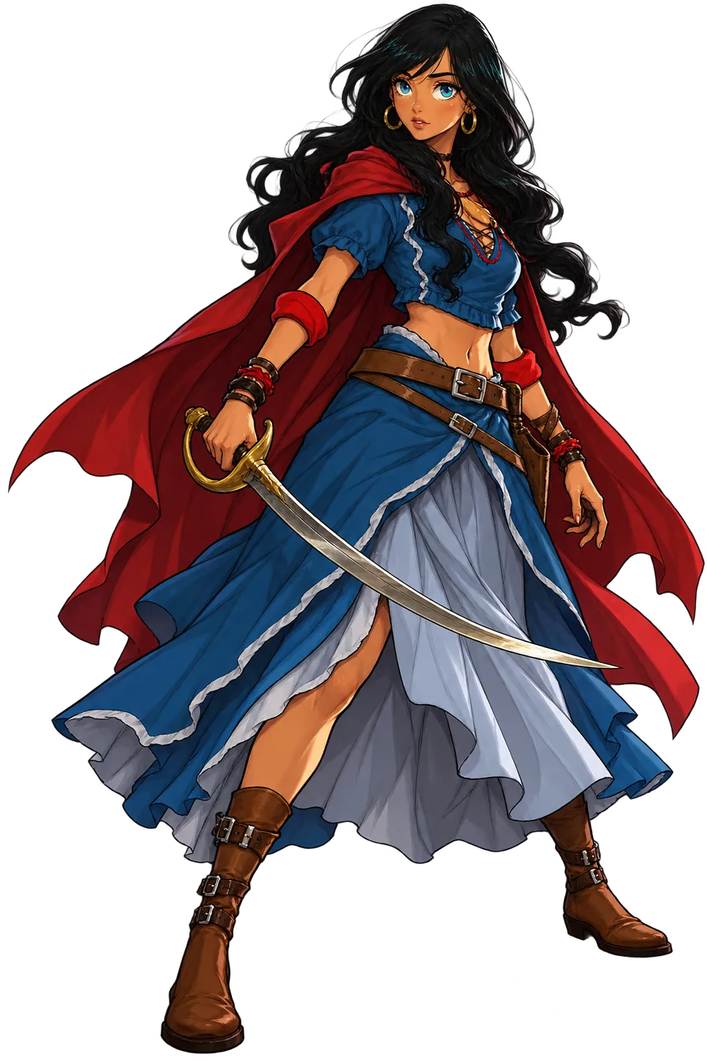 Full-body character art of Misty: long dark hair, a red cloak over a blue top and layered skirt, belts, and a curved sword.