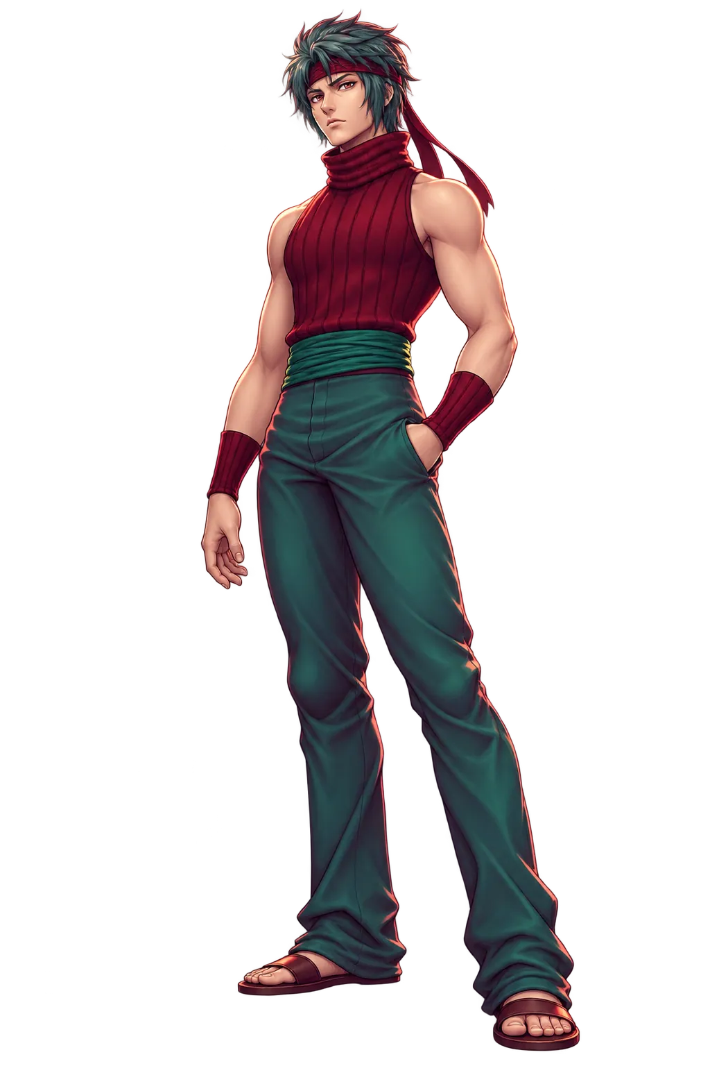 Full-body character art of Moul: teal hair held by a red headband, a ribbed sleeveless top, a green sash and loose trousers.