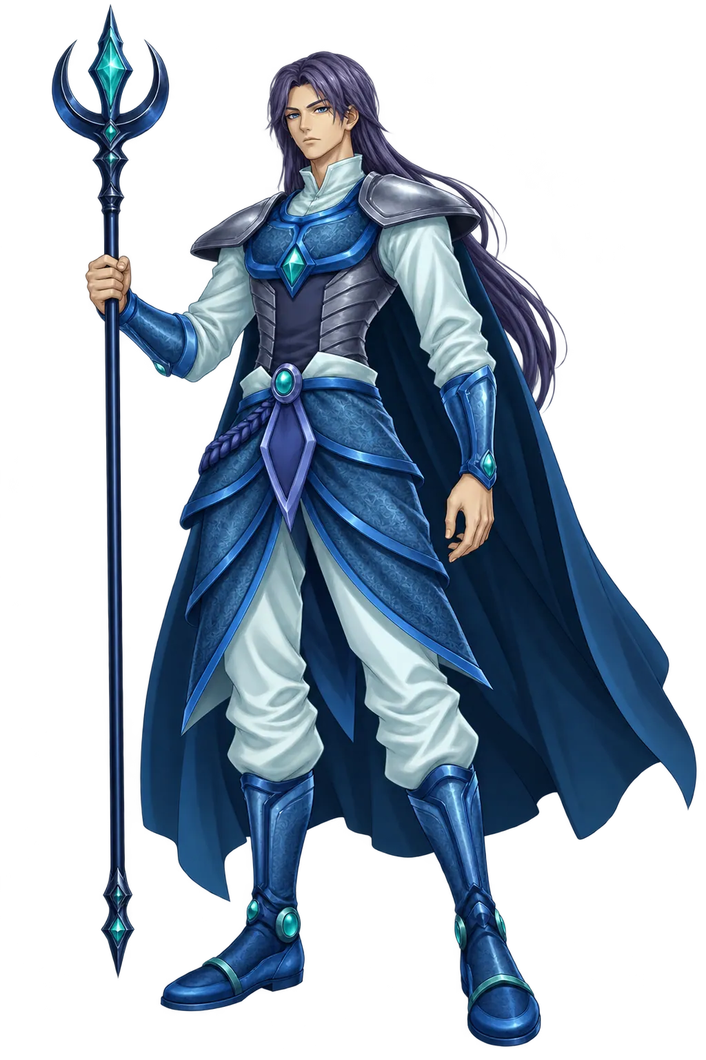 Full-body character art of Soth: long dark hair, blue and silver armour over white sleeves, a layered tabard and a long cape.