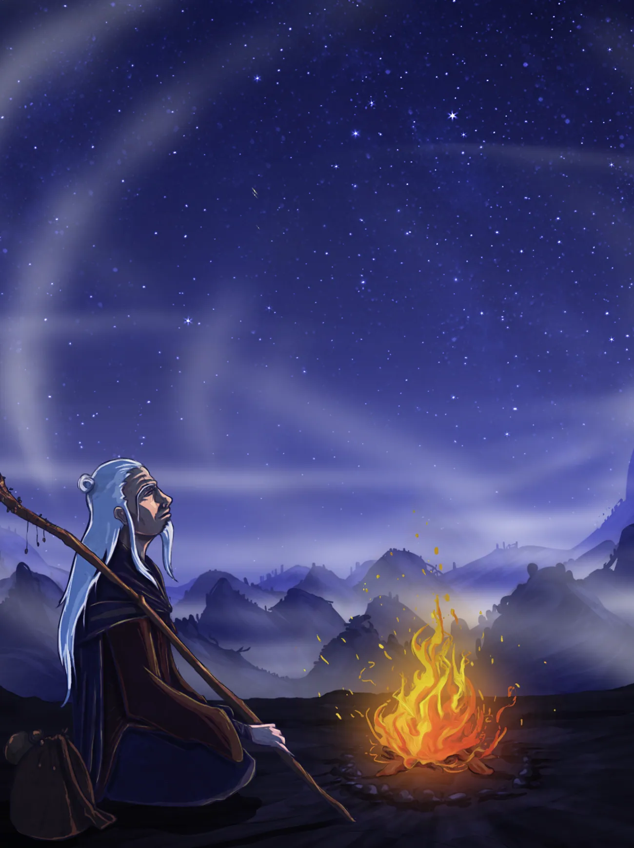 Concept art from The Lost Seven: a lone figure beside a campfire under an aurora, with misty mountains beyond.