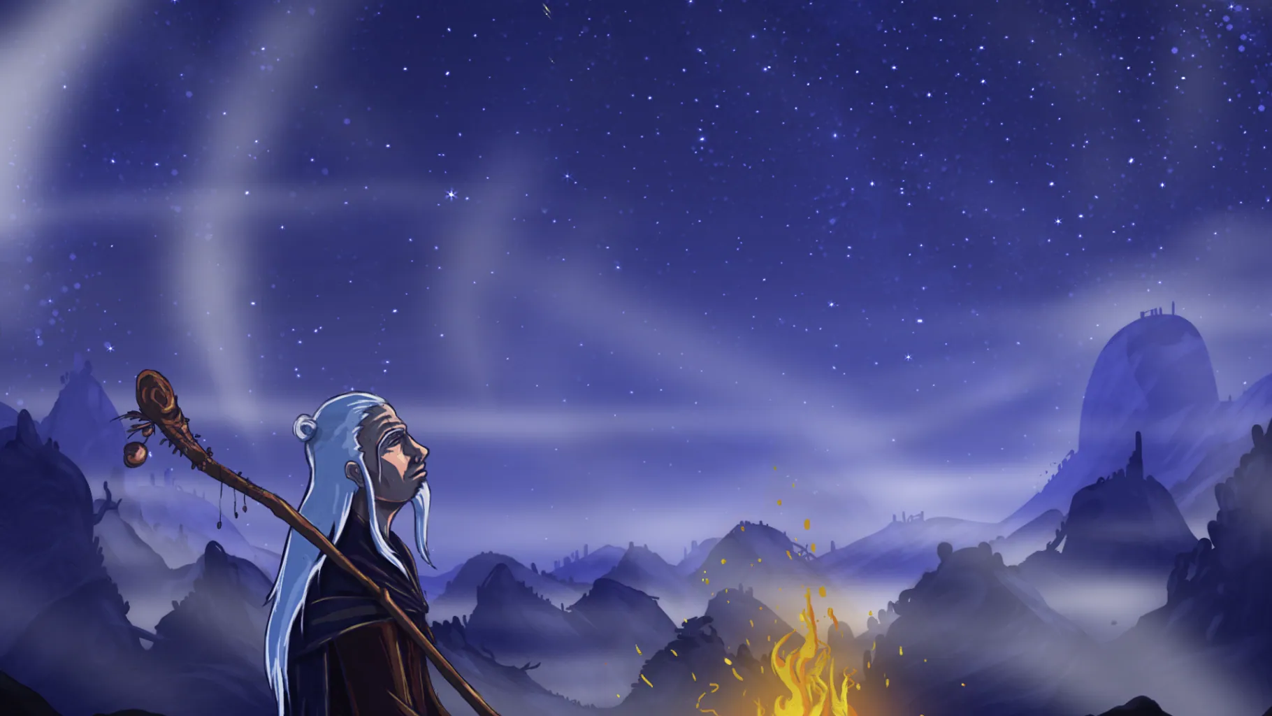 Concept art: a lone figure beside a campfire under an aurora, misty mountains beyond.