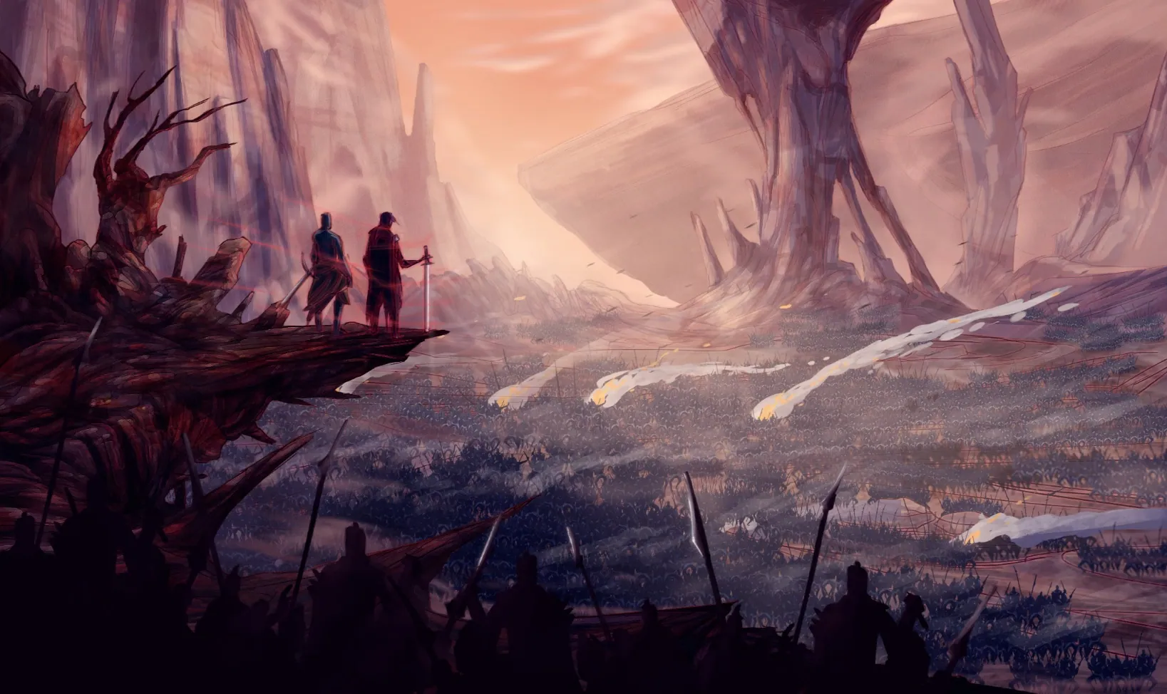 Environment concept art from The Lost Seven: two figures on a ridge above a wide canyon.