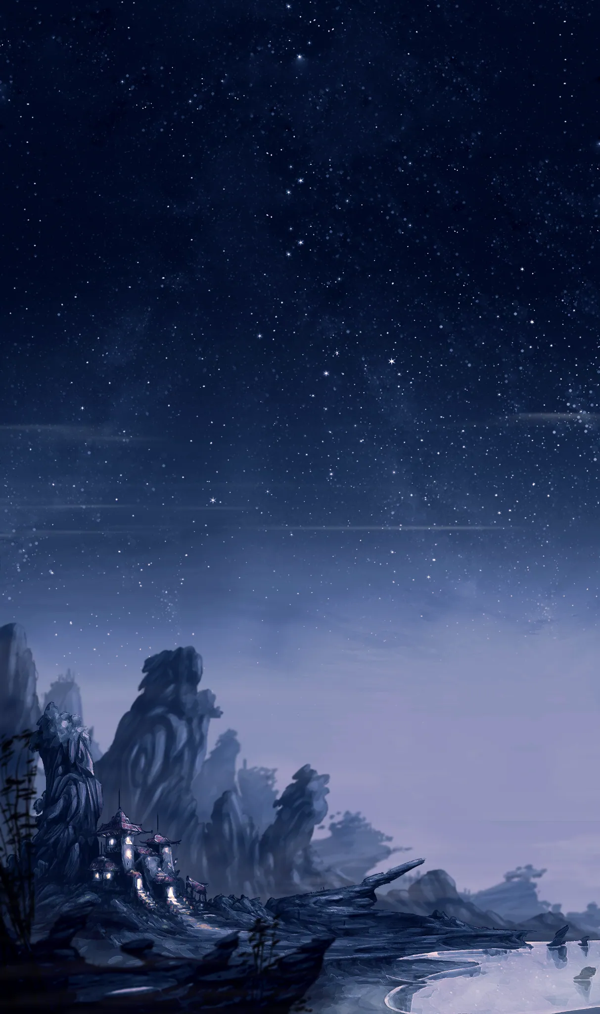 Concept art from The Lost Seven: a wide night sky over a lantern-lit settlement on cliffs above water.