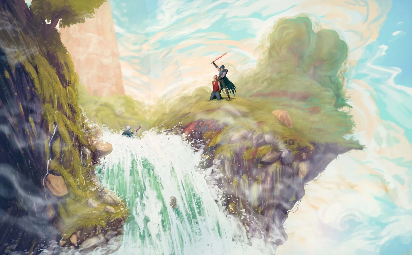 Concept art: figures on a cliff edge above a waterfall in bright daylight.